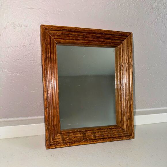 Vintage Oak Wood Framed Wall Mirror | Small Rustic Cabin Decor 7x6” - Picture 1 of 6
